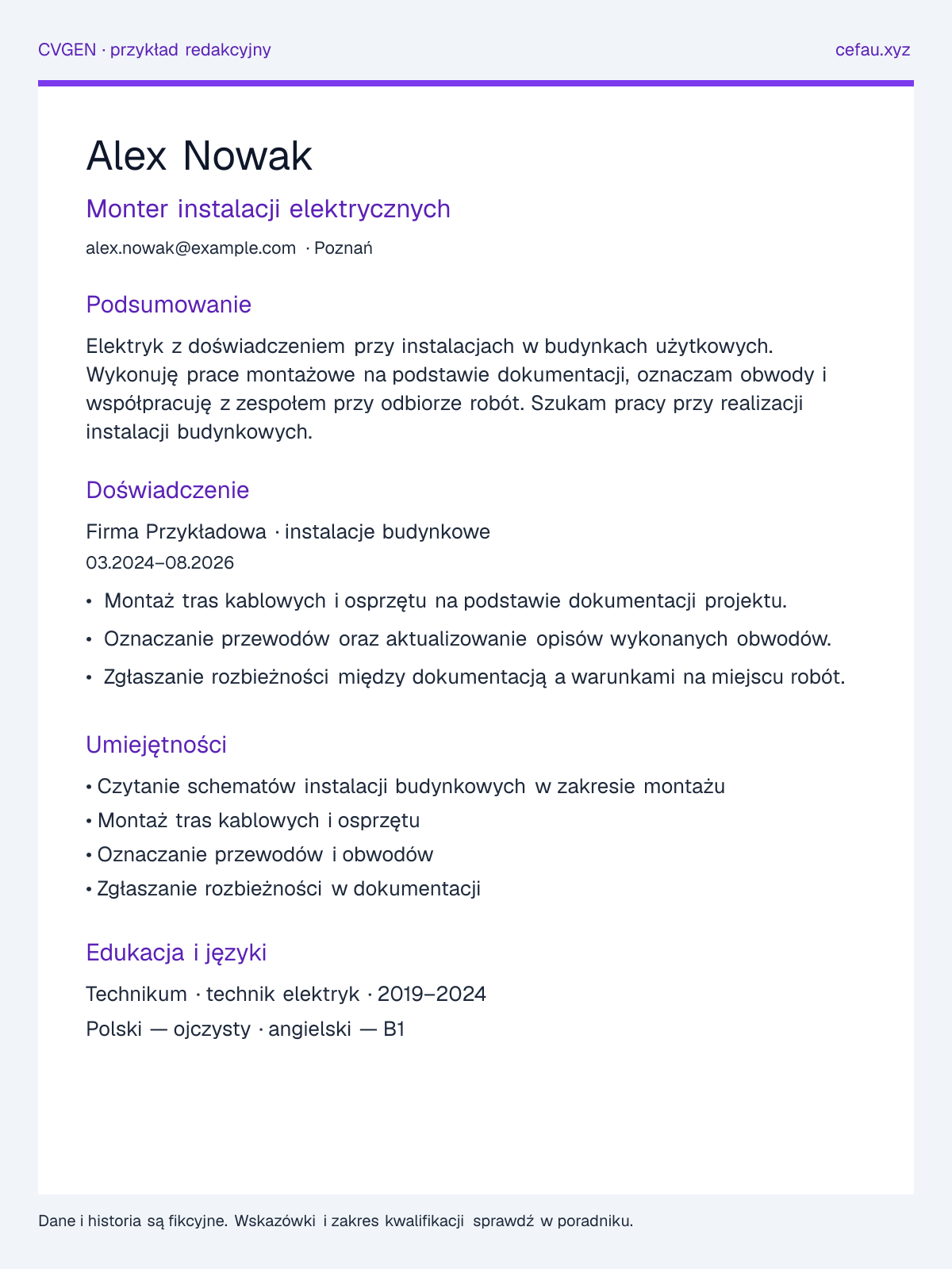 Przykładowy układ CV: Elektryk, sekcje podsumowania, doświadczenia, umiejętności i edukacji