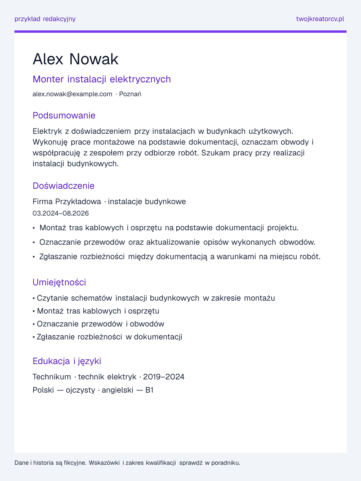 Przykładowe CV: Elektryk, sekcje podsumowania, doświadczenia, umiejętności i edukacji