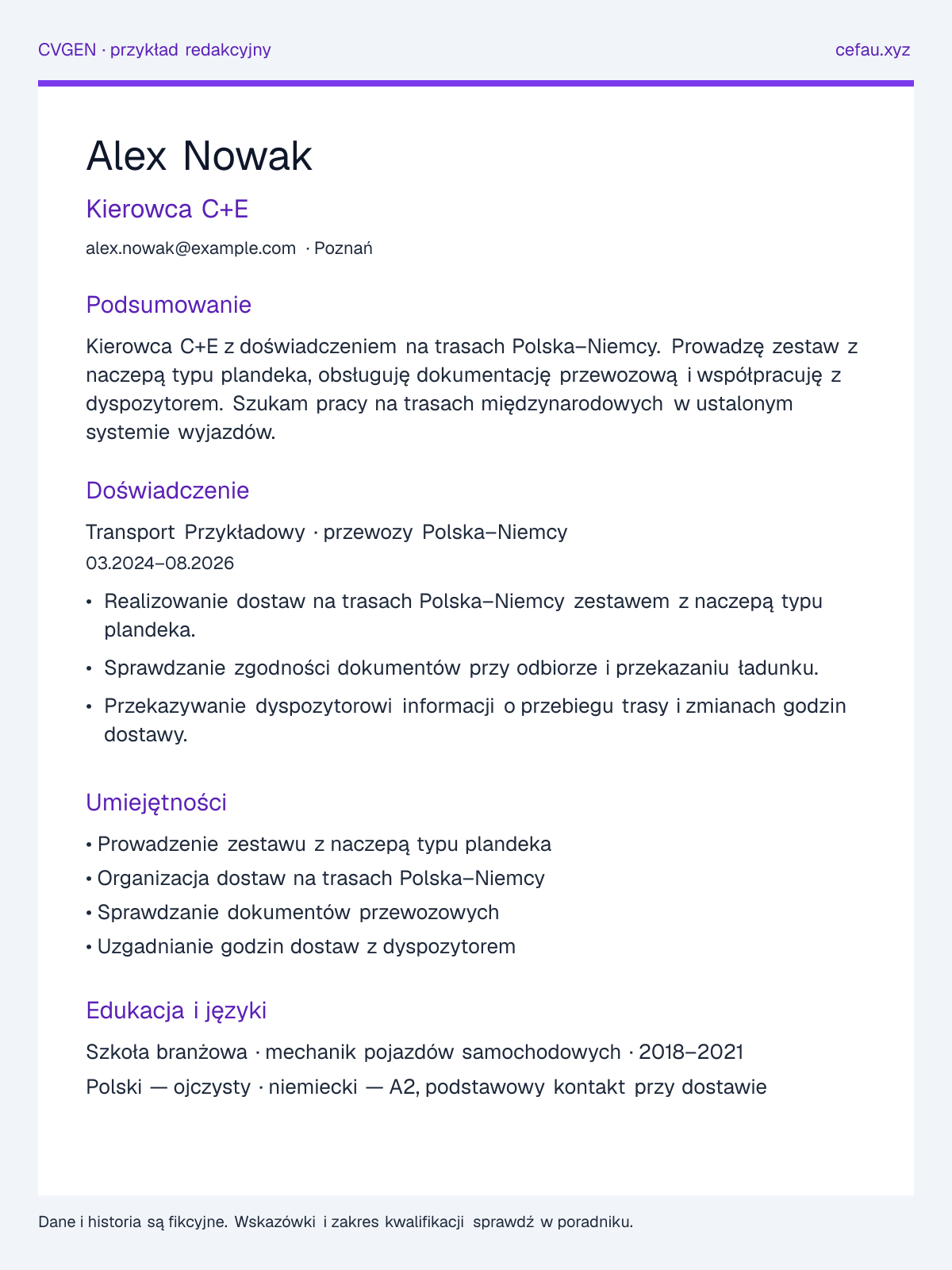 Przykładowy układ CV: Kierowca kat. C+E, sekcje podsumowania, doświadczenia, umiejętności i edukacji