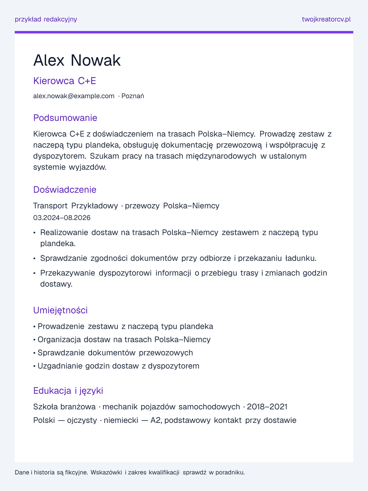 Przykładowe CV: Kierowca kat. C+E, sekcje podsumowania, doświadczenia, umiejętności i edukacji