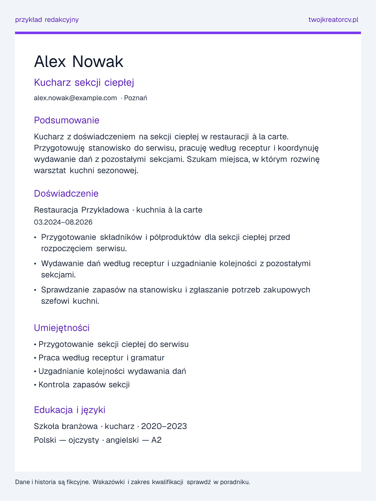 Przykładowe CV: Kucharz, sekcje podsumowania, doświadczenia, umiejętności i edukacji