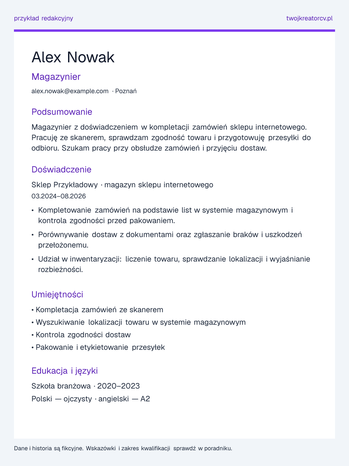 Przykładowe CV: Magazynier, sekcje podsumowania, doświadczenia, umiejętności i edukacji