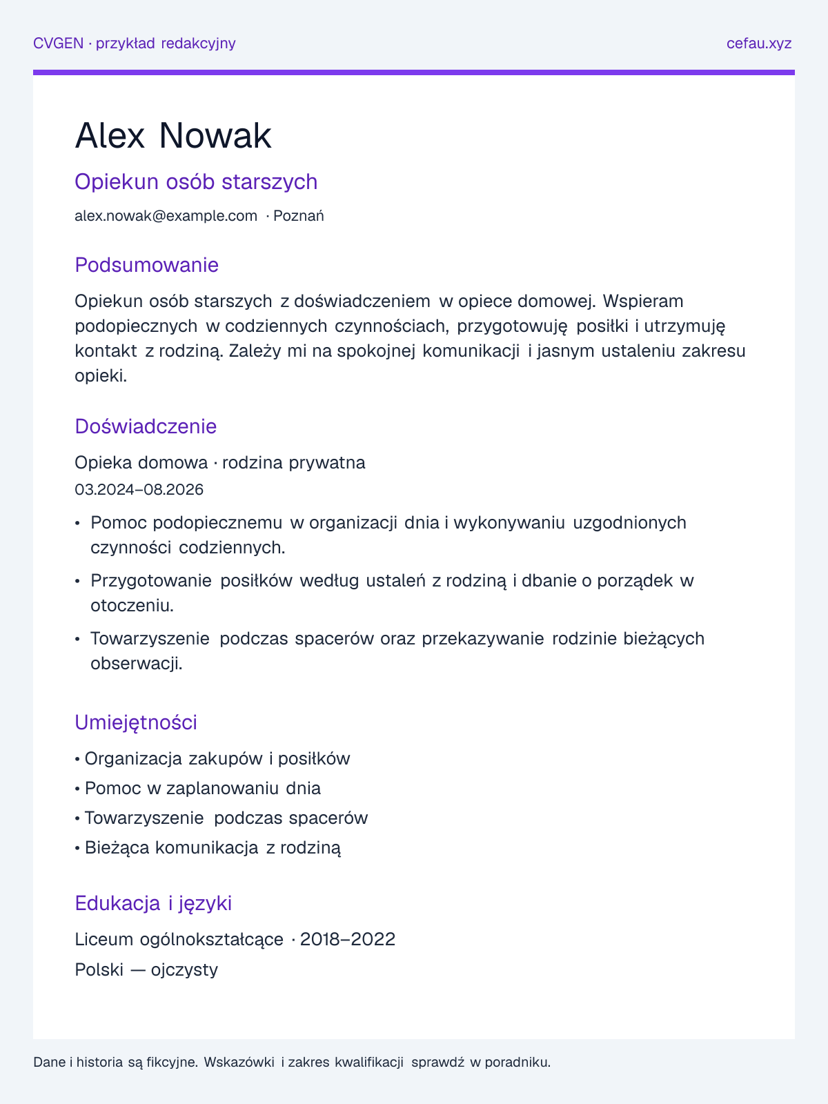 Przykładowy układ CV: Opiekun osób starszych, sekcje podsumowania, doświadczenia, umiejętności i edukacji