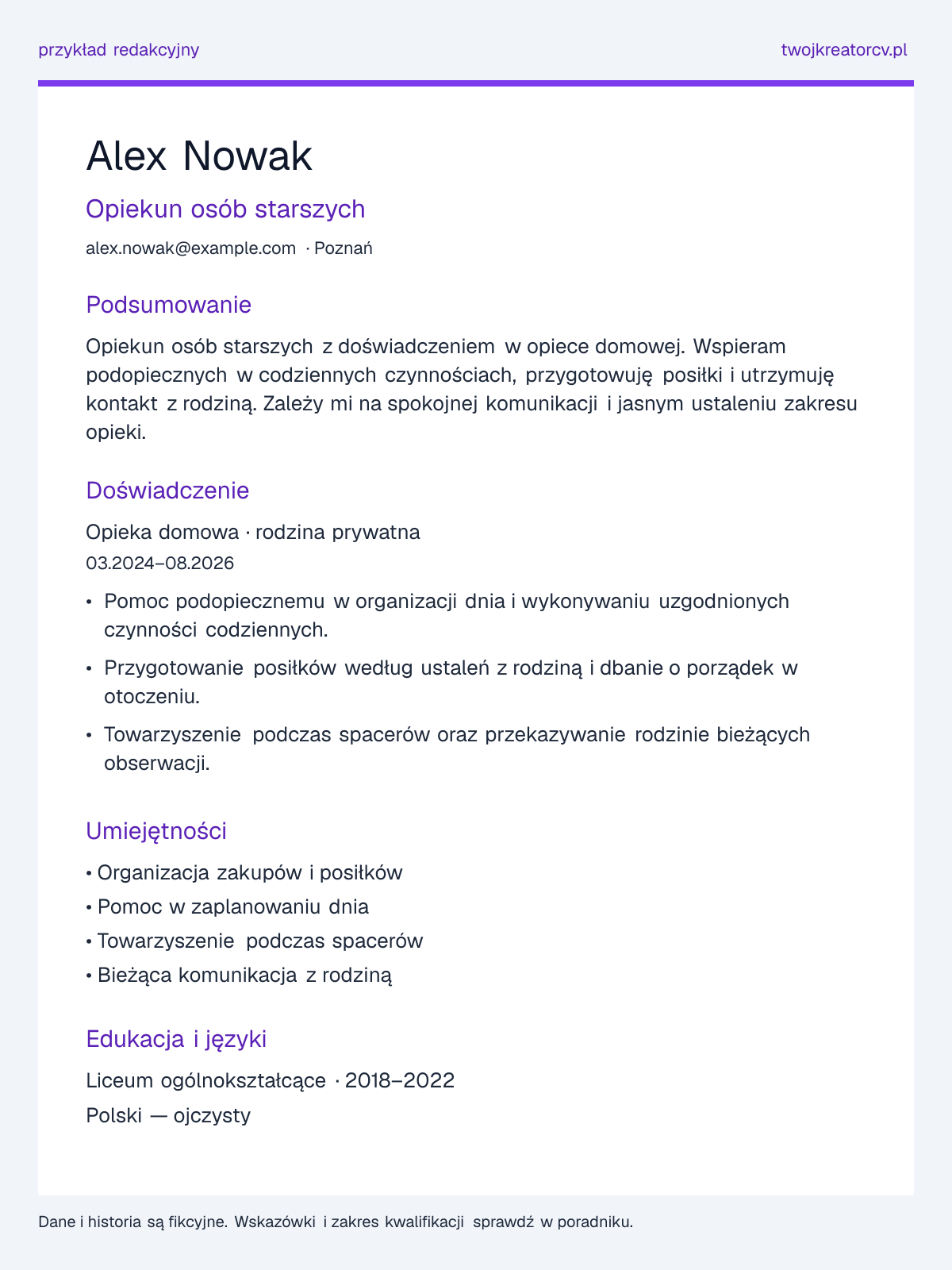 Przykładowe CV: Opiekun osób starszych, sekcje podsumowania, doświadczenia, umiejętności i edukacji