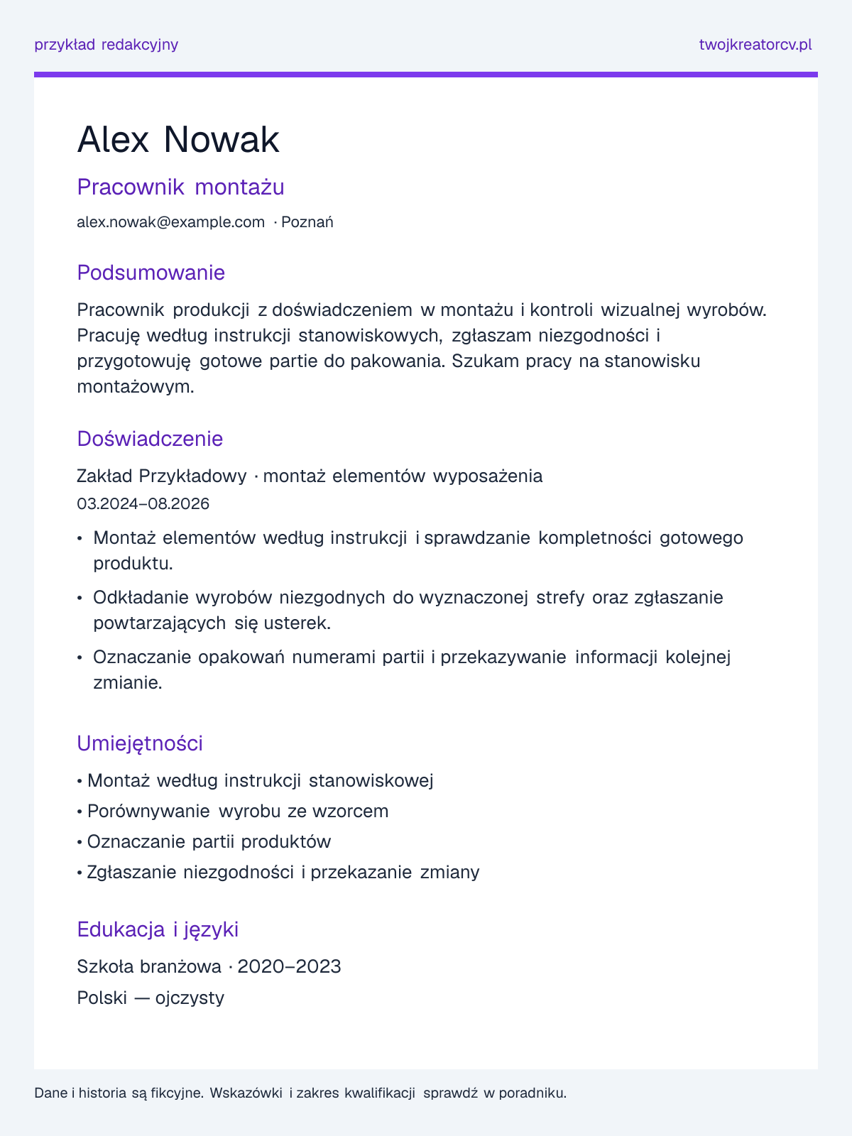 Przykładowe CV: Pracownik produkcji, sekcje podsumowania, doświadczenia, umiejętności i edukacji