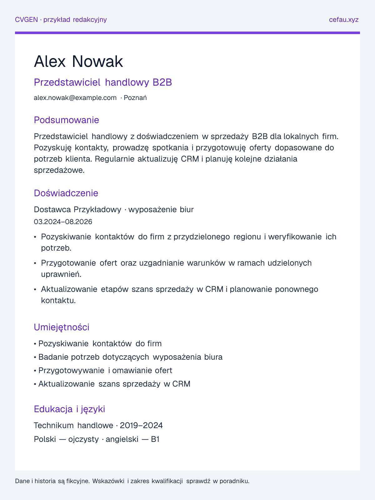 Przykładowy układ CV: Przedstawiciel handlowy, sekcje podsumowania, doświadczenia, umiejętności i edukacji