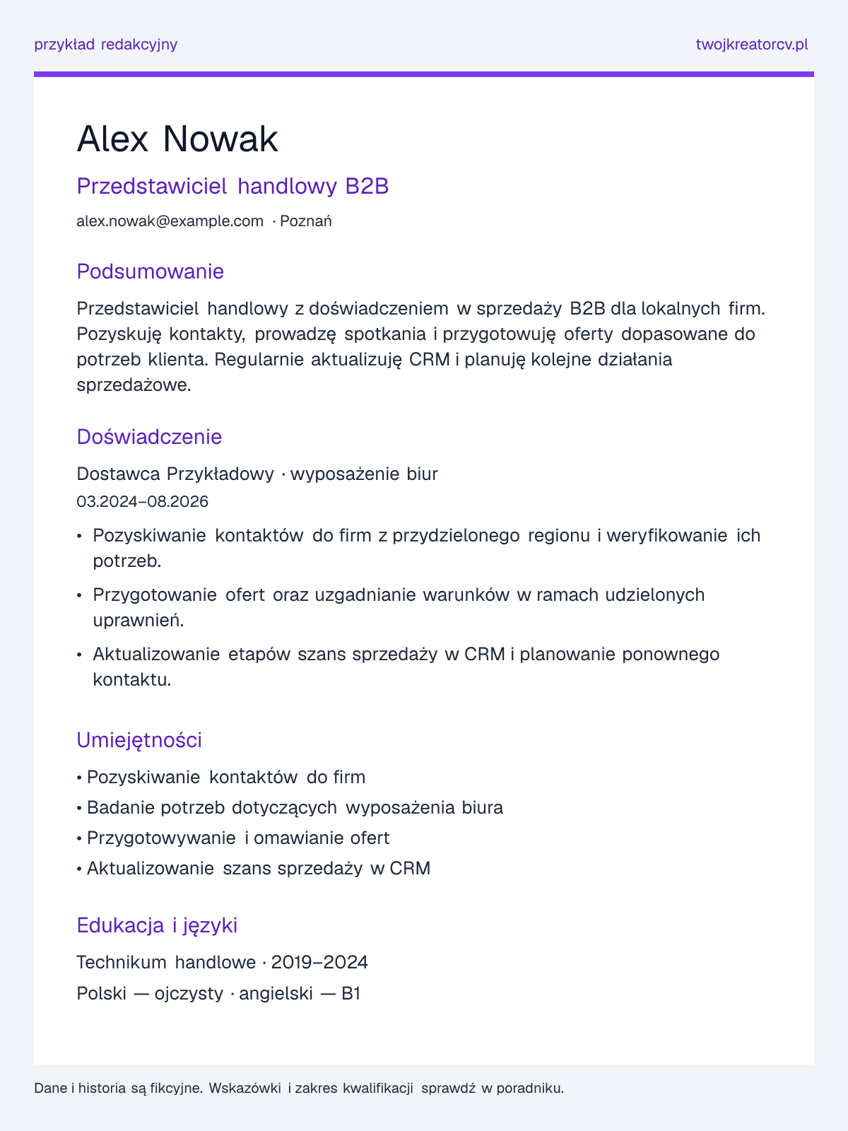 Przykładowe CV: Przedstawiciel handlowy, sekcje podsumowania, doświadczenia, umiejętności i edukacji