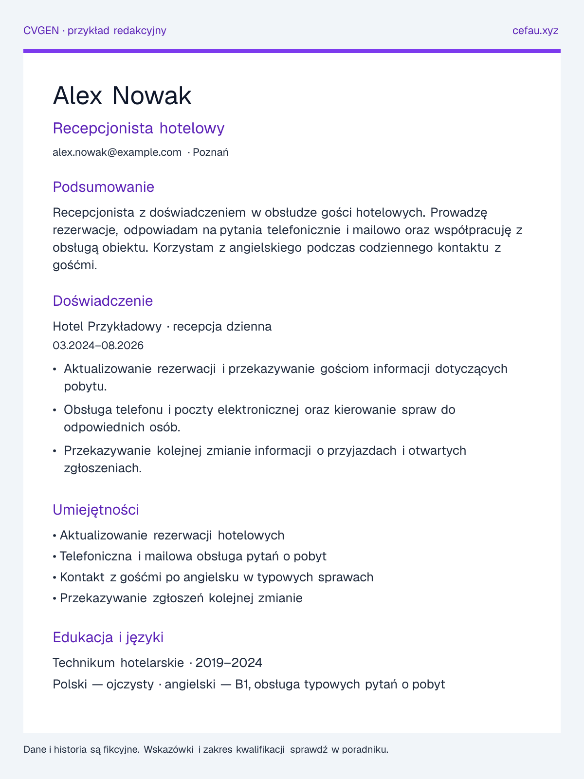 Przykładowy układ CV: Recepcjonista, sekcje podsumowania, doświadczenia, umiejętności i edukacji