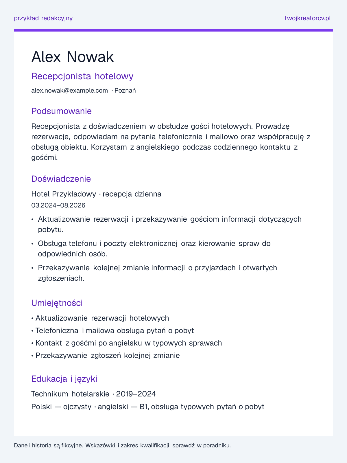 Przykładowe CV: Recepcjonista, sekcje podsumowania, doświadczenia, umiejętności i edukacji