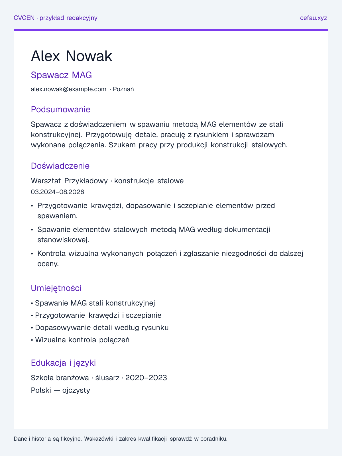 Przykładowy układ CV: Spawacz, sekcje podsumowania, doświadczenia, umiejętności i edukacji