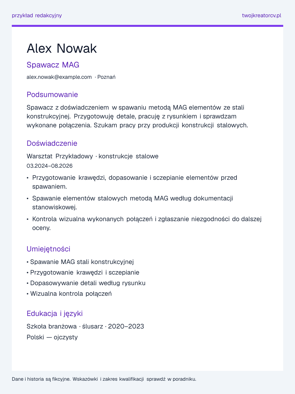 Przykładowe CV: Spawacz, sekcje podsumowania, doświadczenia, umiejętności i edukacji