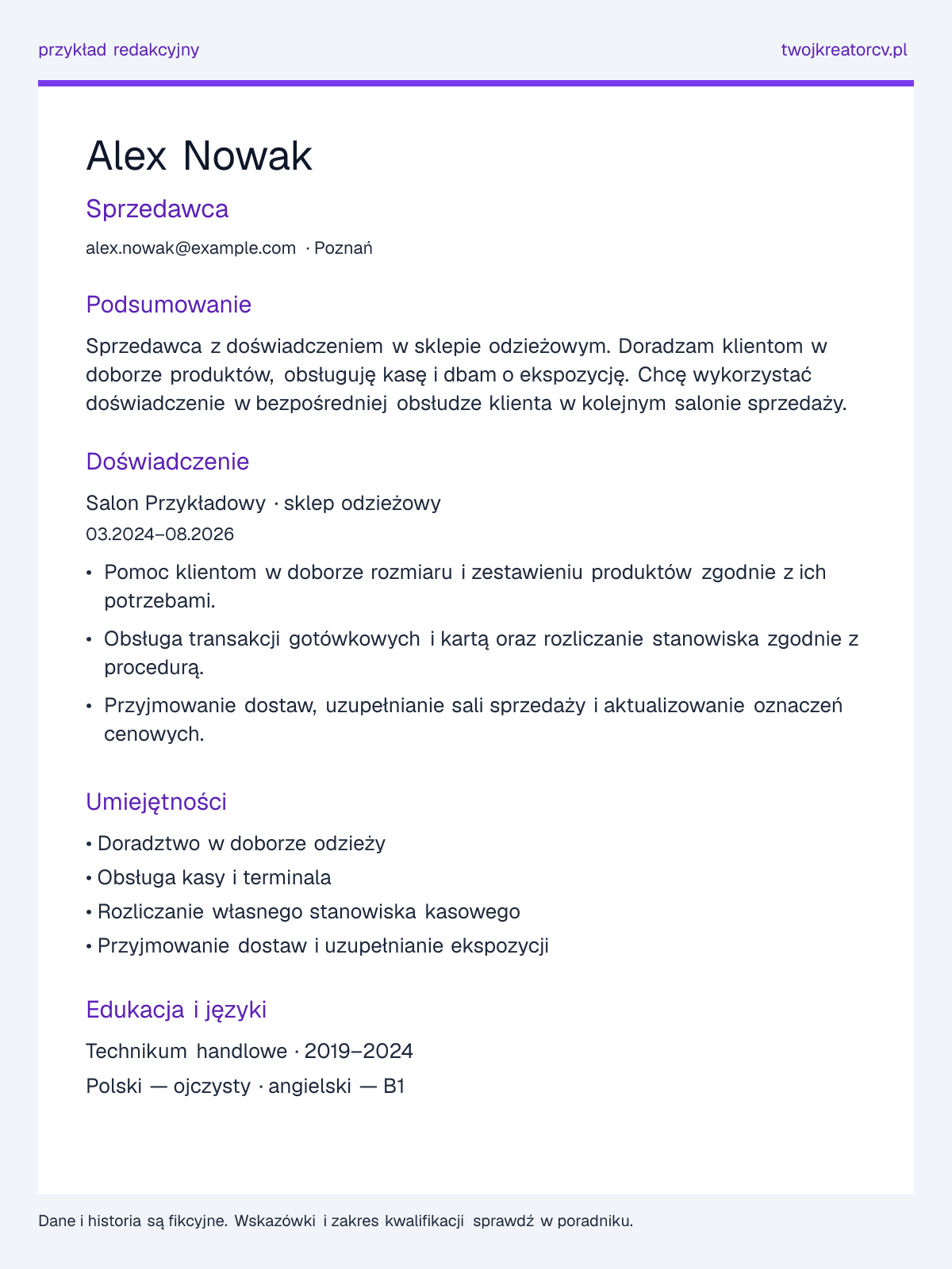 Przykładowe CV: Sprzedawca, sekcje podsumowania, doświadczenia, umiejętności i edukacji